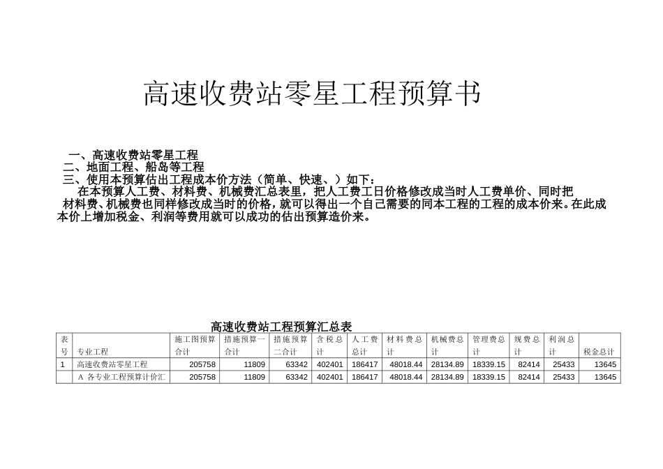 高速收费站工程预算书_第1页