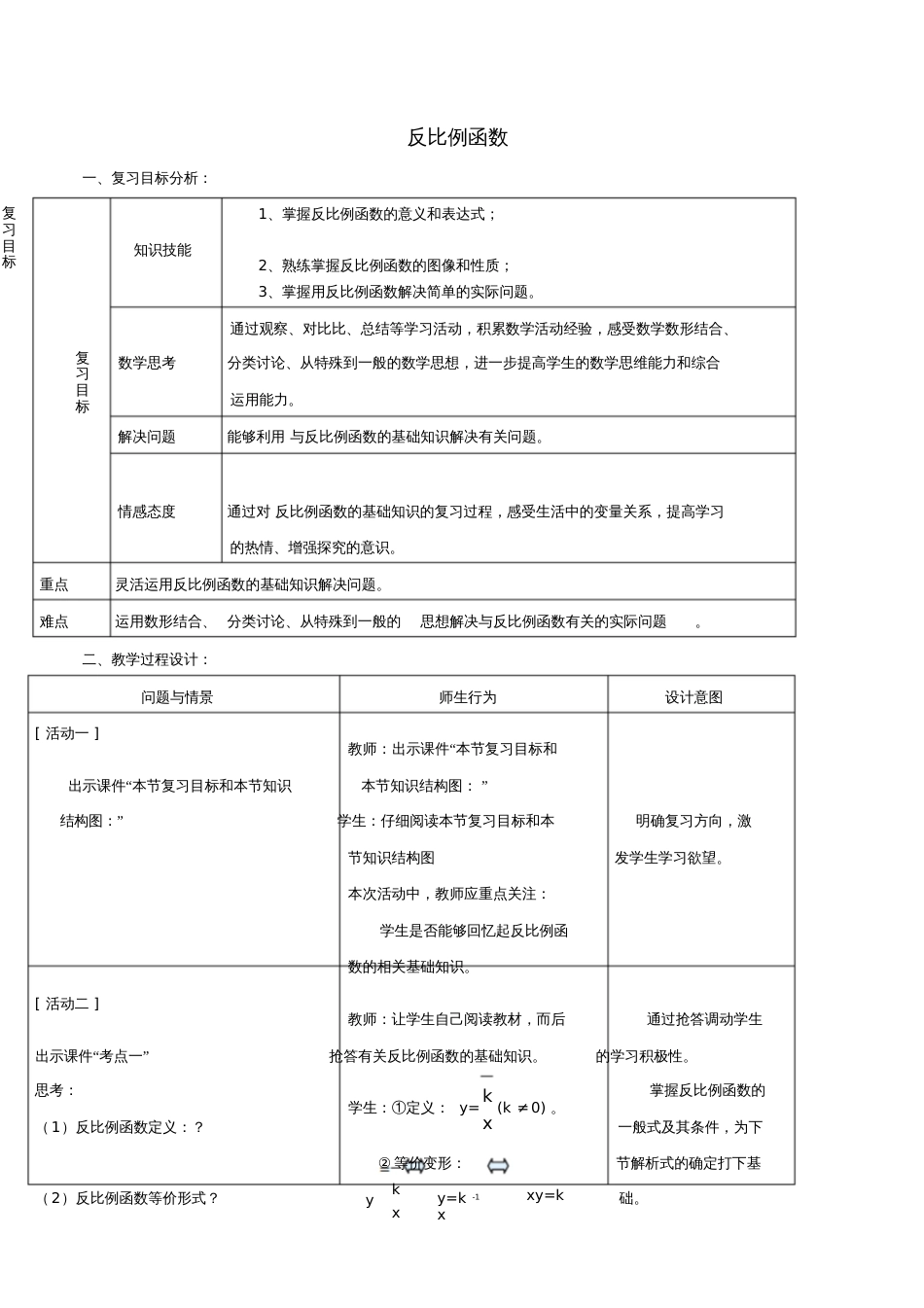 九年级数学下册第26章反比例函数小结与复习教案(新版)新人教版_第1页