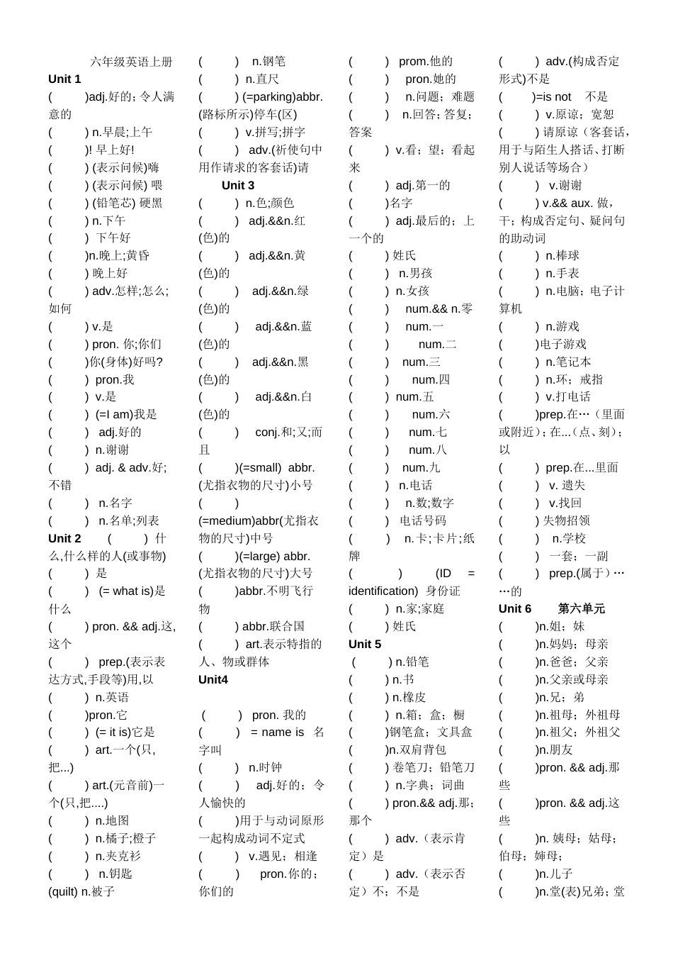 鲁教版英语六年级上册110单元单词检测_第1页