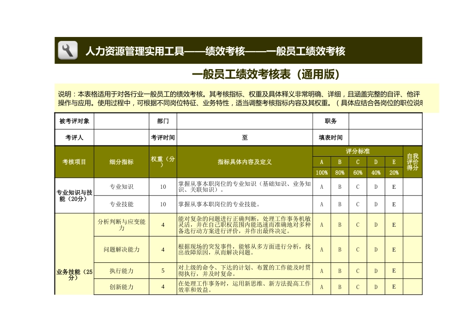 一般员工绩效考核表模板（通用版）_第1页