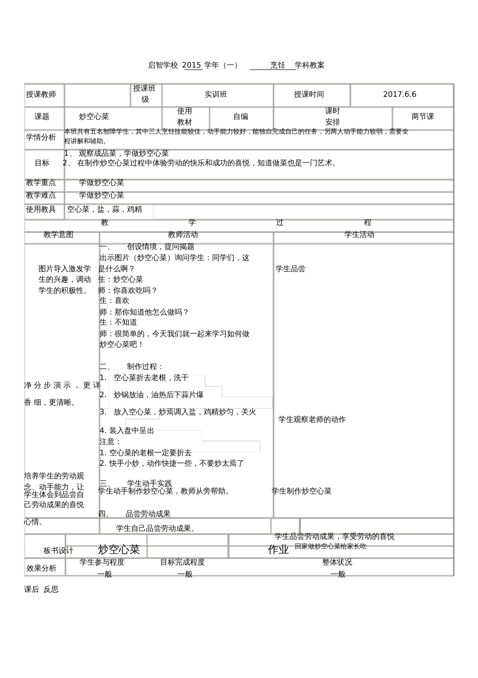 培智学校烹饪课——《炒空心菜》教案_第1页