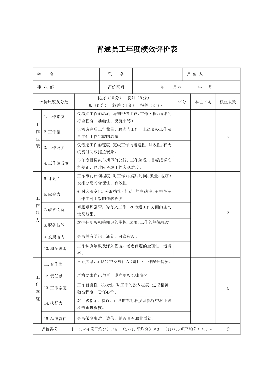 普通员工年度绩效评价表_第1页