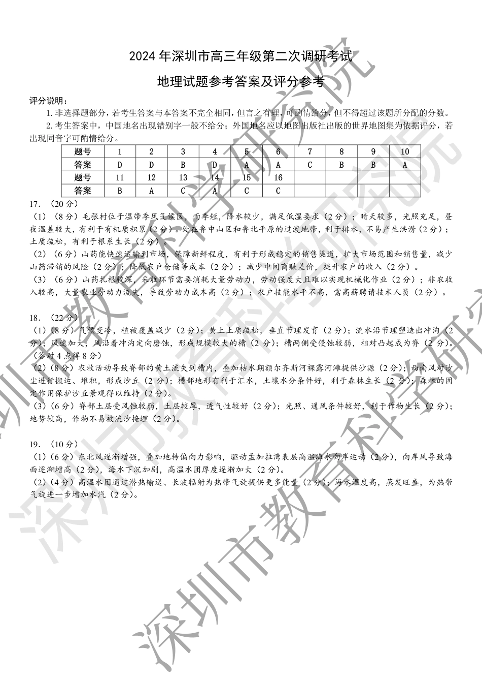 2024年深圳市高三年级第二次调研考试地理试题参考答案_第1页