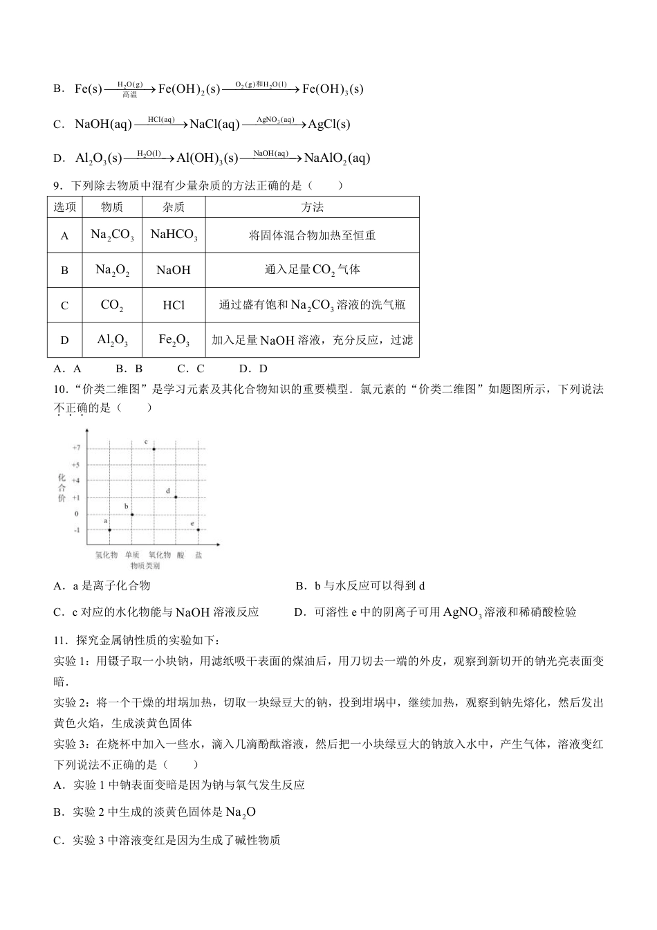 2021-2022学年南京市高一上化学期末试卷（含答案）_第2页