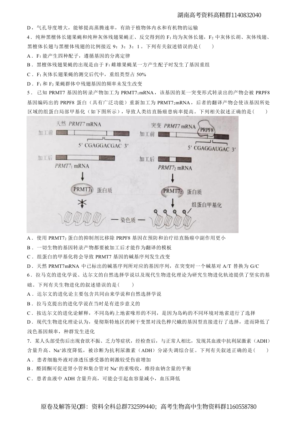 生物-湖南省永州市2024年(届)高三年级高考第三次模拟考试生物试卷_第2页