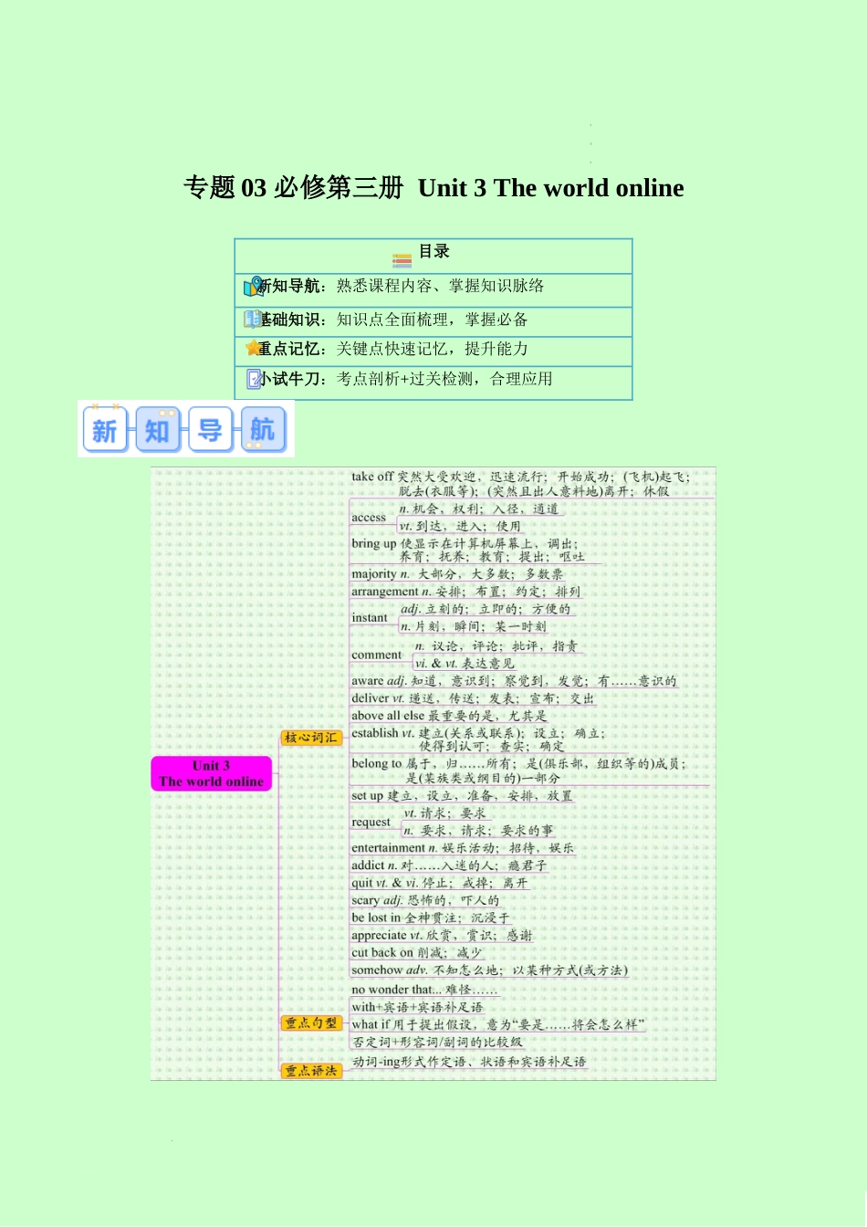 专题03 必修第三册 Unit 3 The world online（知识讲解+高考必考题型练）-【寒假自学课】2024年高一英语寒假提升学与练（译林版2020）试卷及答案_第1页