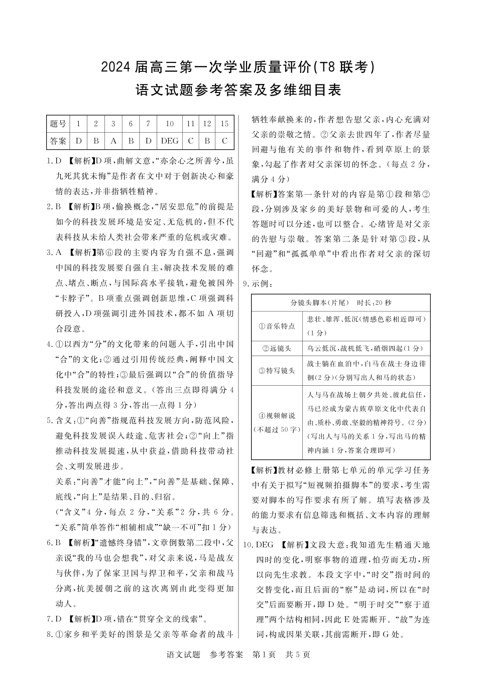 2024届八省名校T8联考 语文答案_第1页