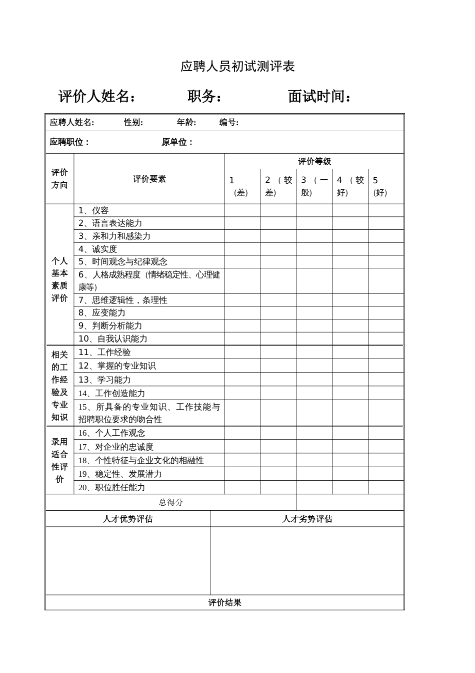 应聘人员初试测评表_第1页