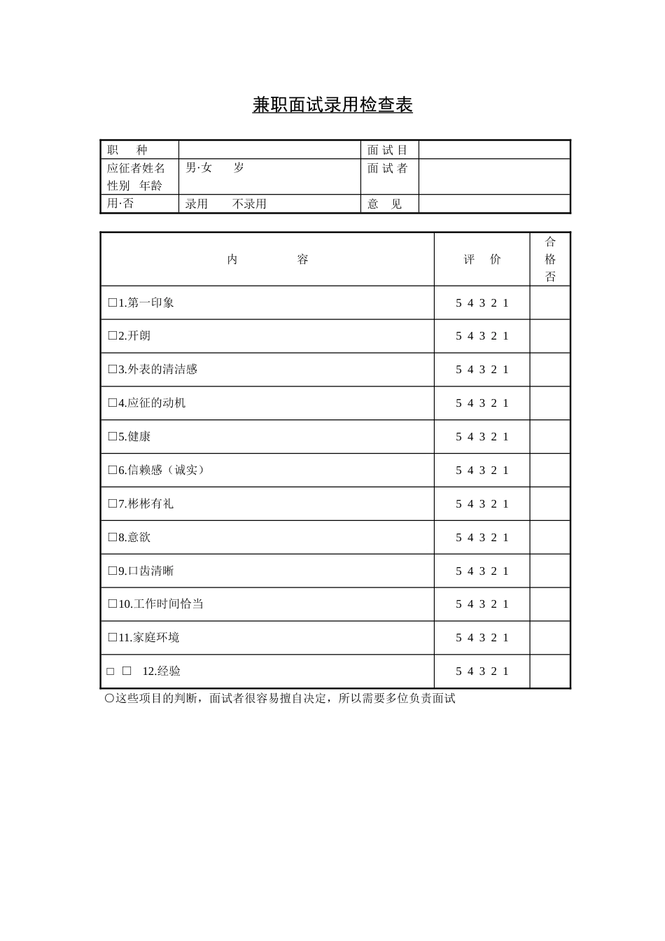 兼职面试录用检查表_第1页