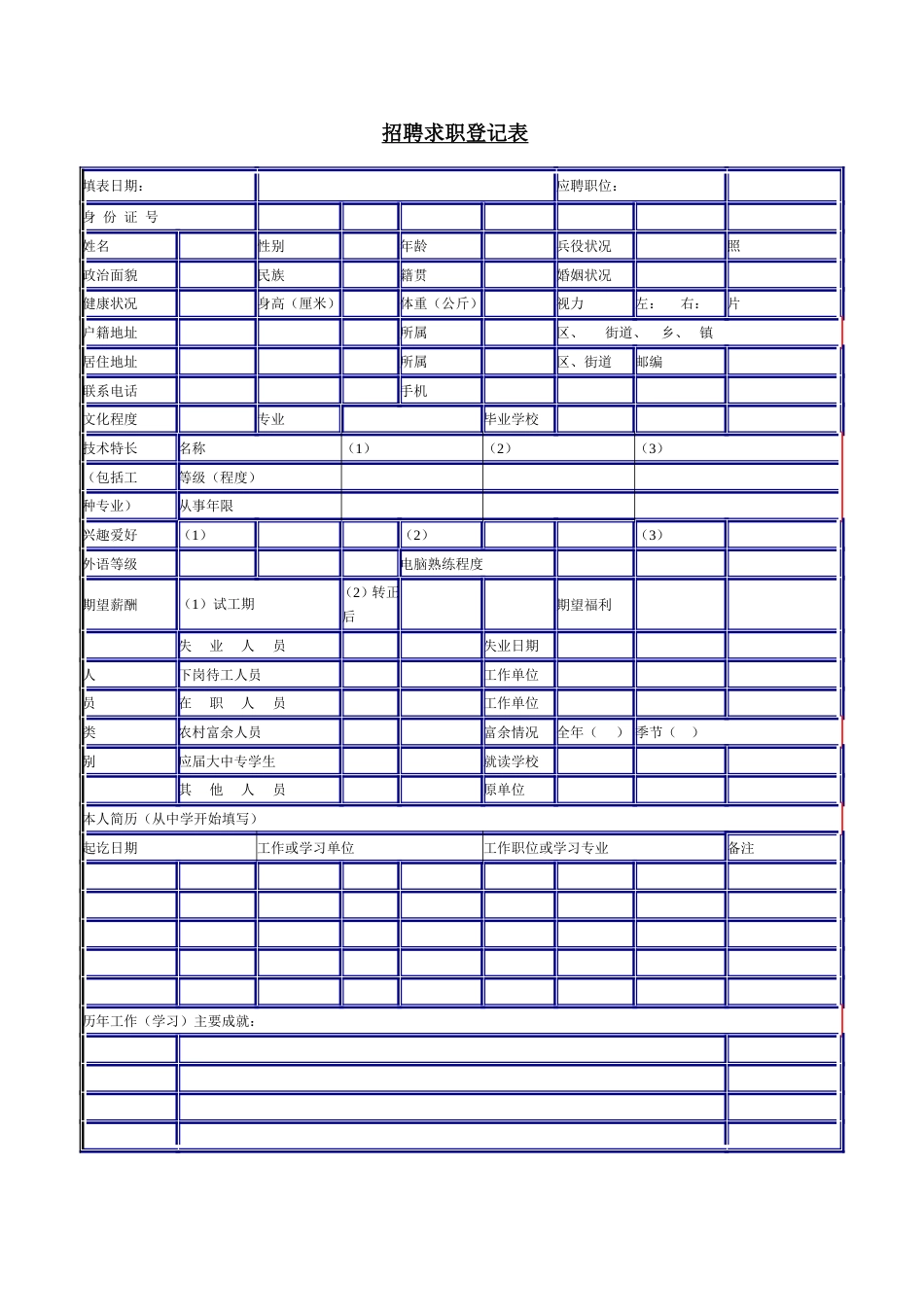 招聘求职登记表_第1页