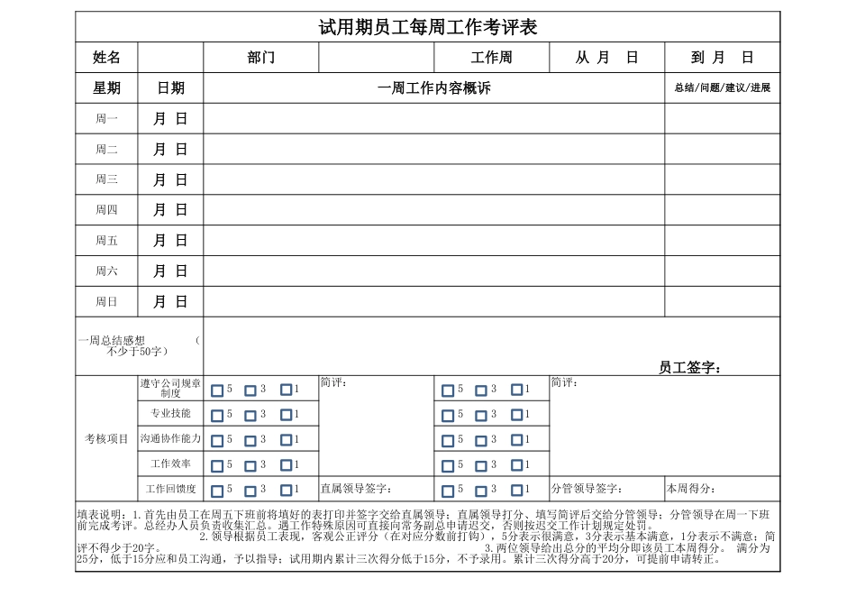 试用期员工每周工作考评表_第1页