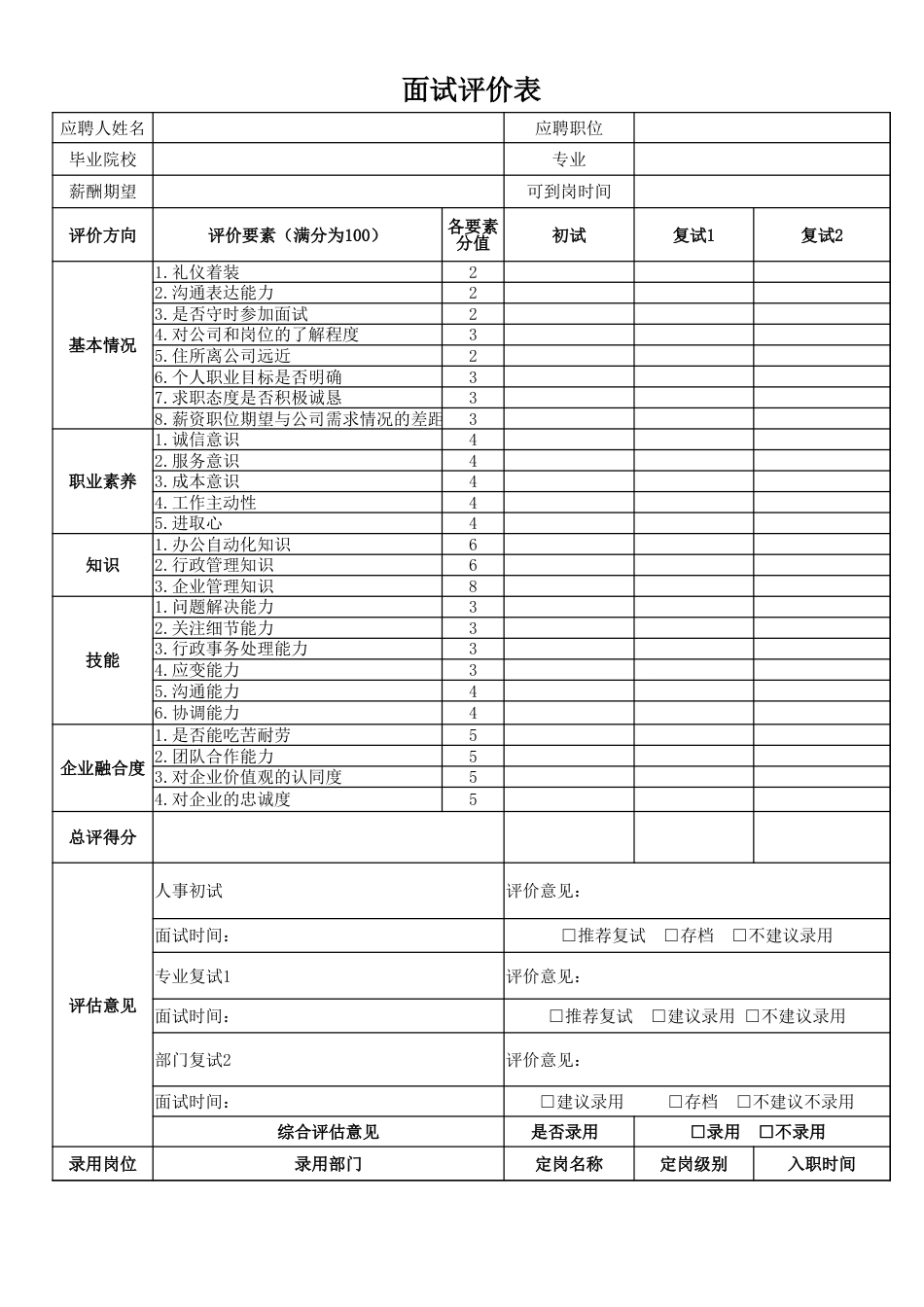 行政类面试评价表_第1页