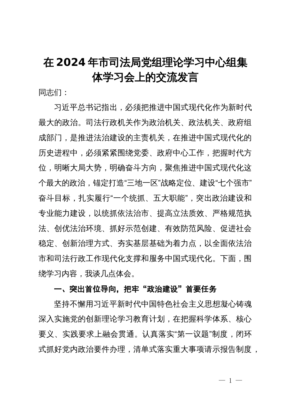 在2024年市司法局党组理论学习中心组集体学习会上的交流发言_第1页