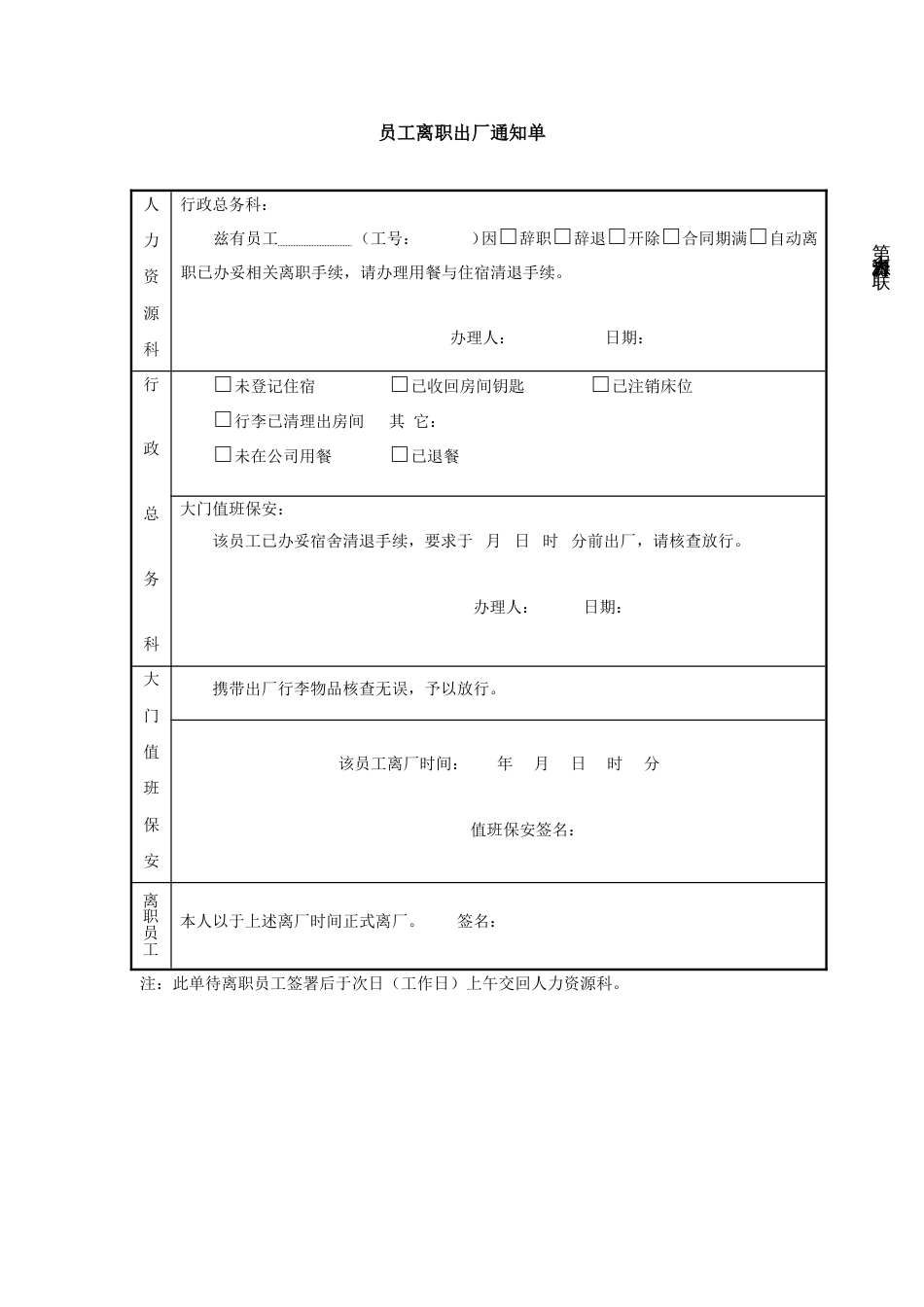 5-7员工离职出厂手续办理审批单（适用带食宿企业）_第1页