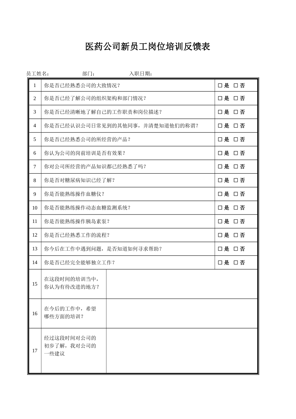 新员工岗位培训反馈表_第1页