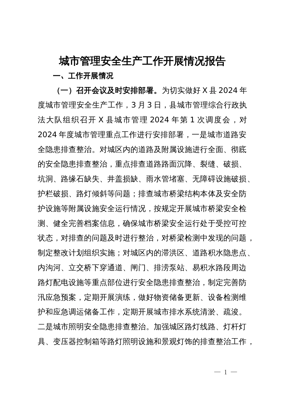 城市管理安全生产工作开展情况报告_第1页
