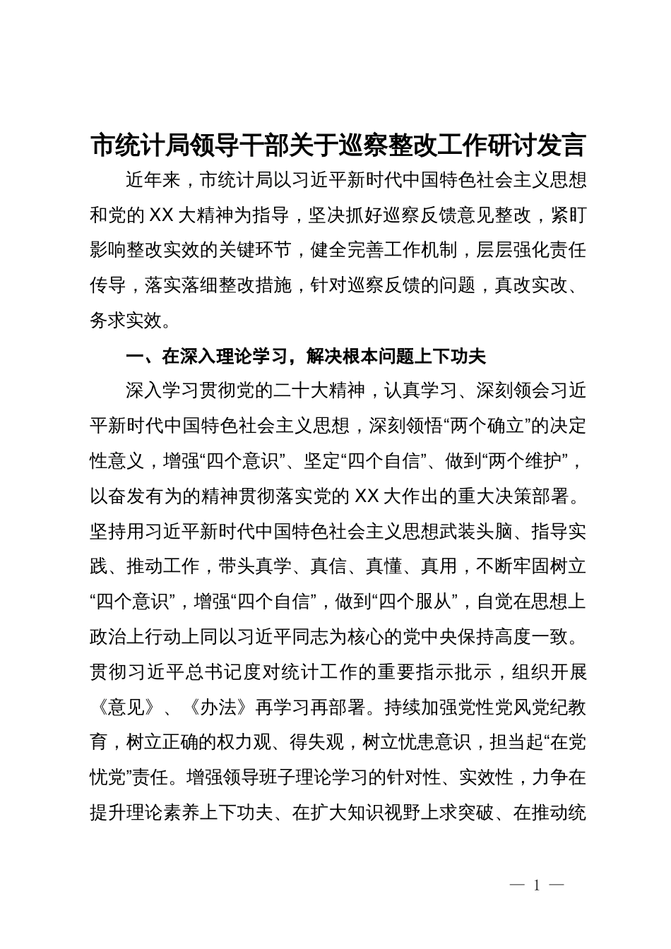 市统计局领导干部关于巡察整改工作研讨发言_第1页