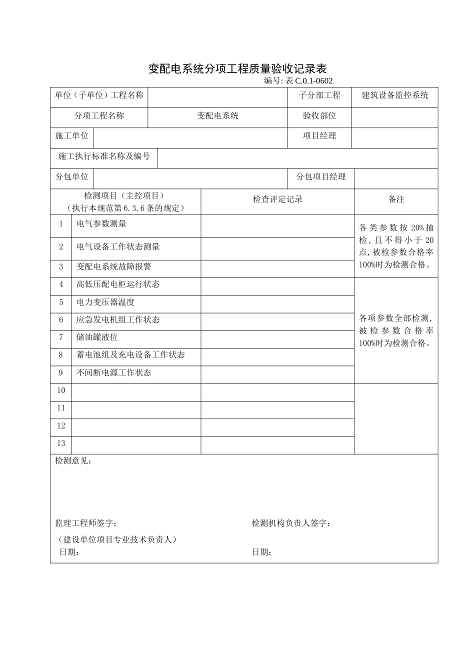 变配电系统分项工程质量验收记录表_第1页