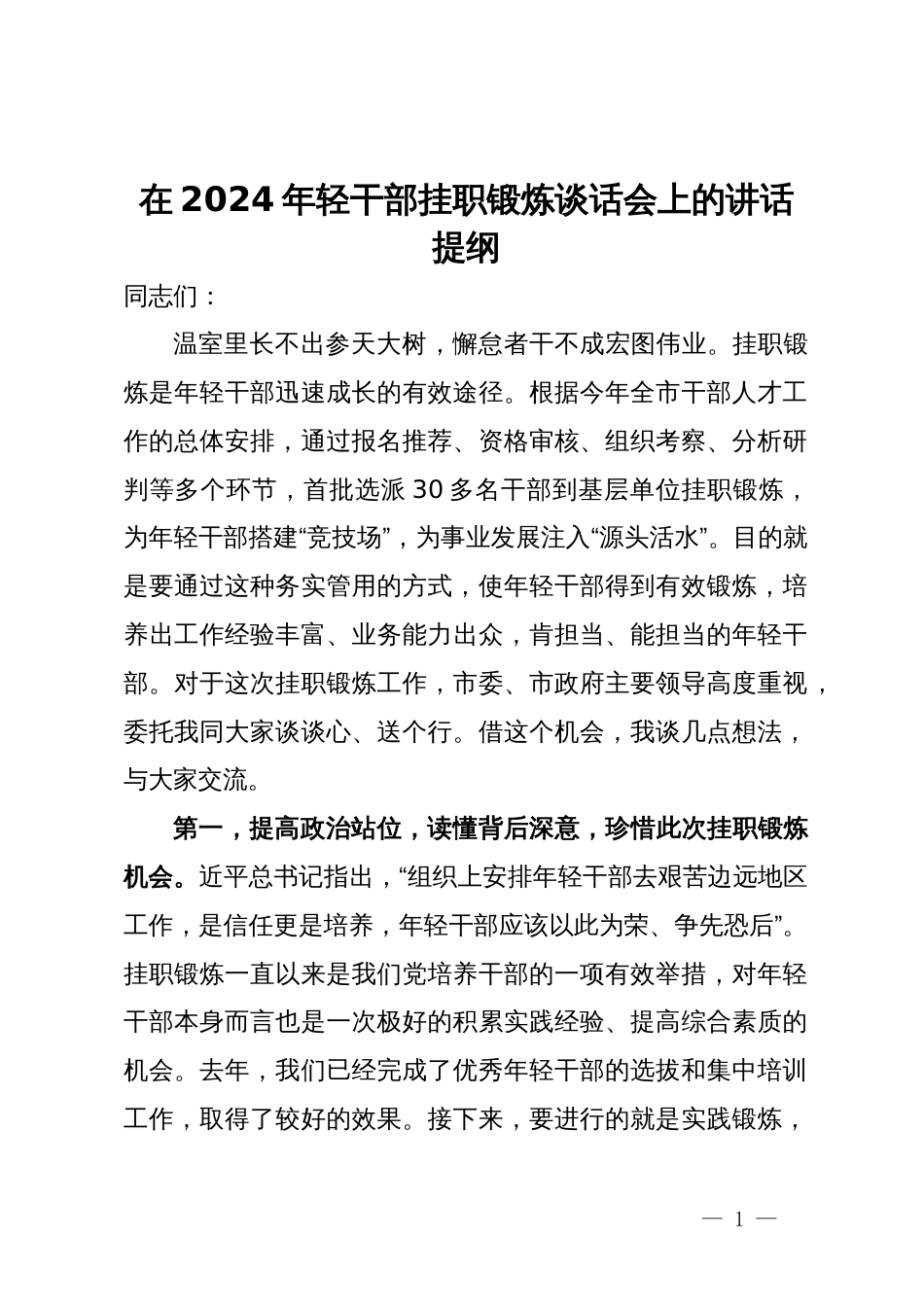 在2024年轻干部挂职锻炼谈话会上的讲话提纲_第1页