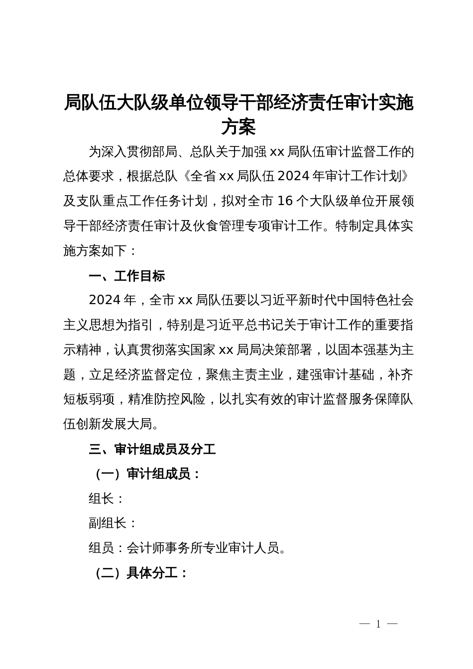 局队伍大队级单位领导干部经济责任审计实施方案_第1页