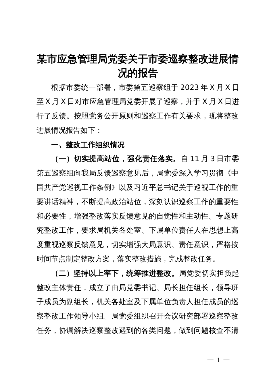 某市应急管理局党委关于市委巡察整改进展情况的报告_第1页