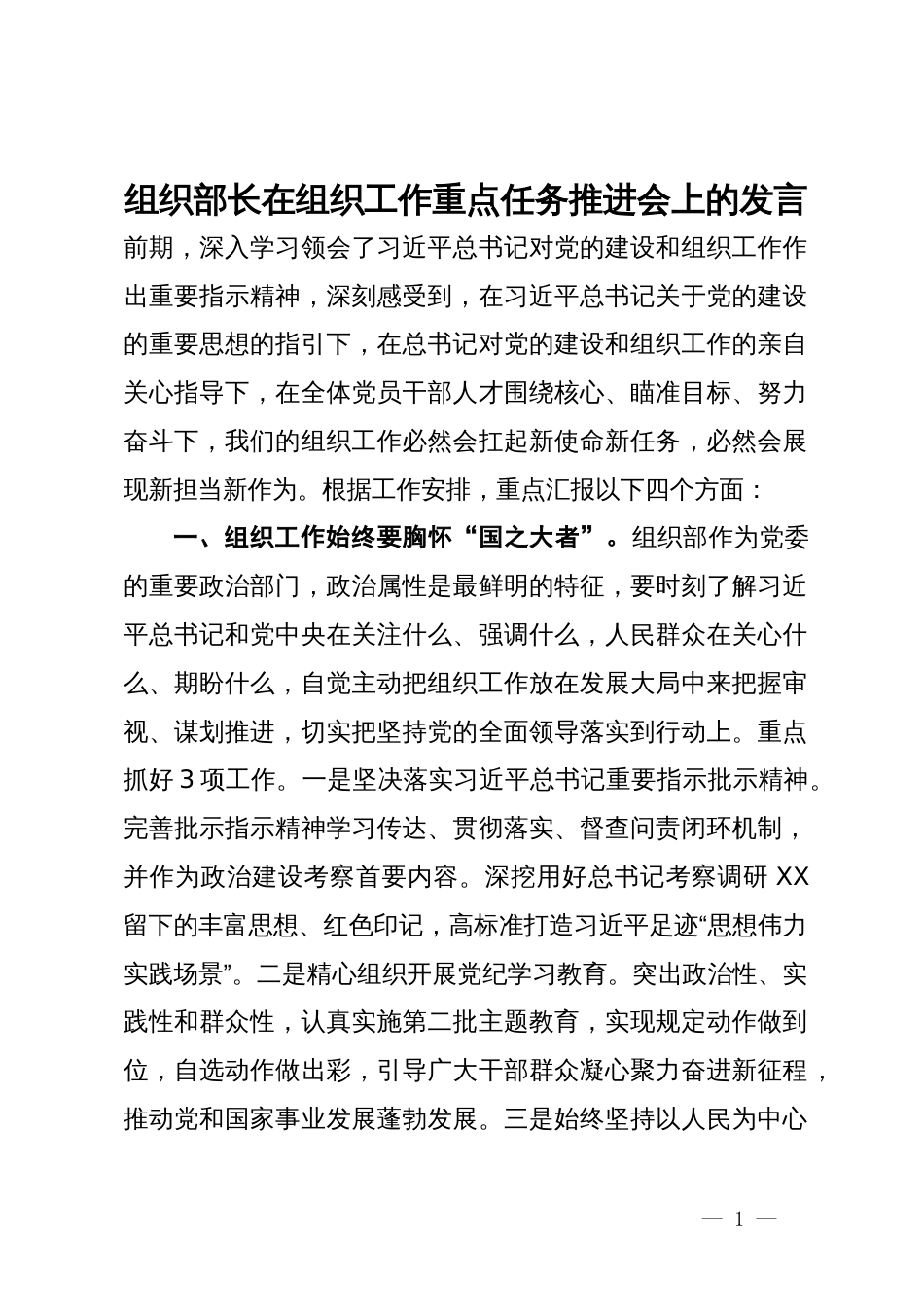 组织部长在组织工作重点任务推进会上的发言_第1页