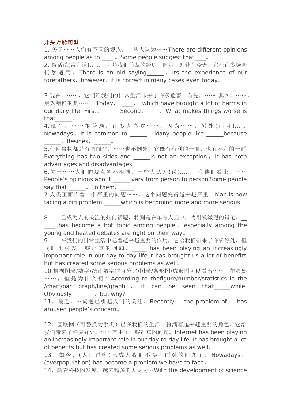 初中英语经典万能句型汇总，开头+结尾+过渡+名言_第1页