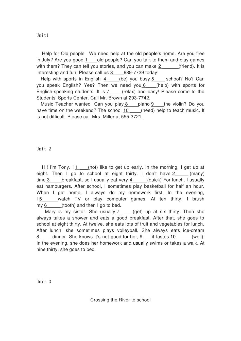 新目标英语七年级（下册）Units1-12课文改写填空_第1页