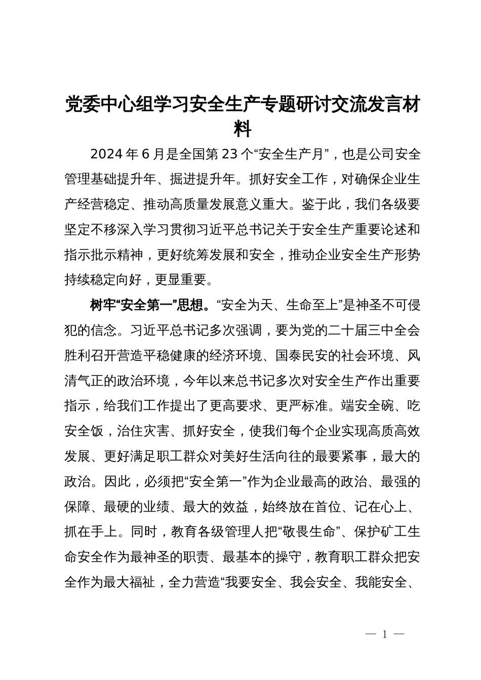 党委中心组学习安全生产专题研讨交流发言材料_第1页