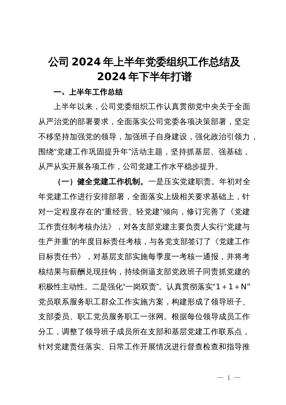 公司2024年上半年党委组织工作总结及2024年下半年打谱_第1页