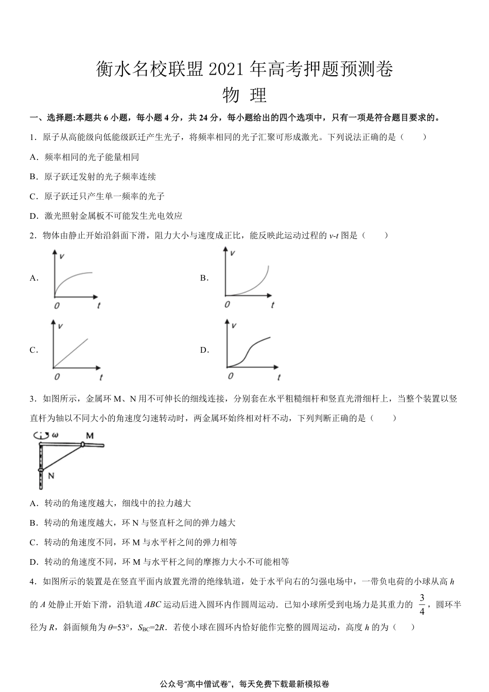 衡水名校联盟2021年高考押题预测卷-物理（试卷）_第1页