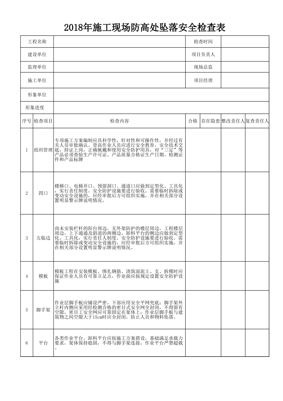 施工现场防高处坠落安全检查表_第1页