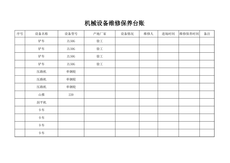 机械设备维修保养台账_第1页