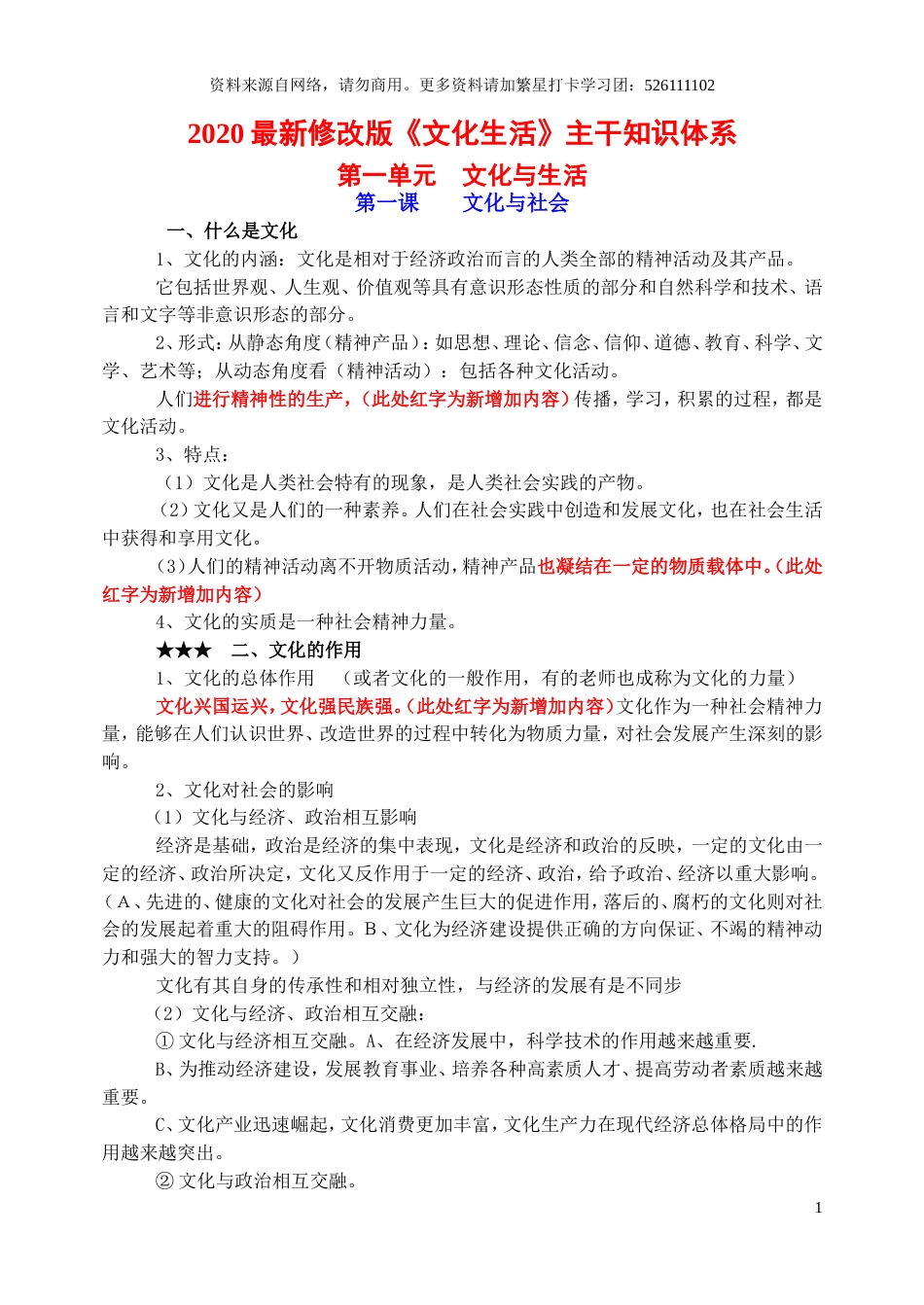 【文化生活】必背知识点：2021最新修改版主干知识体系_第1页