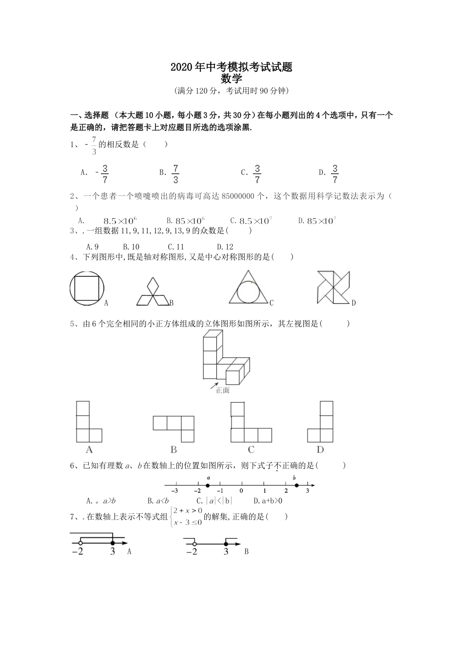 2020年中考模拟考试数学试题_第1页