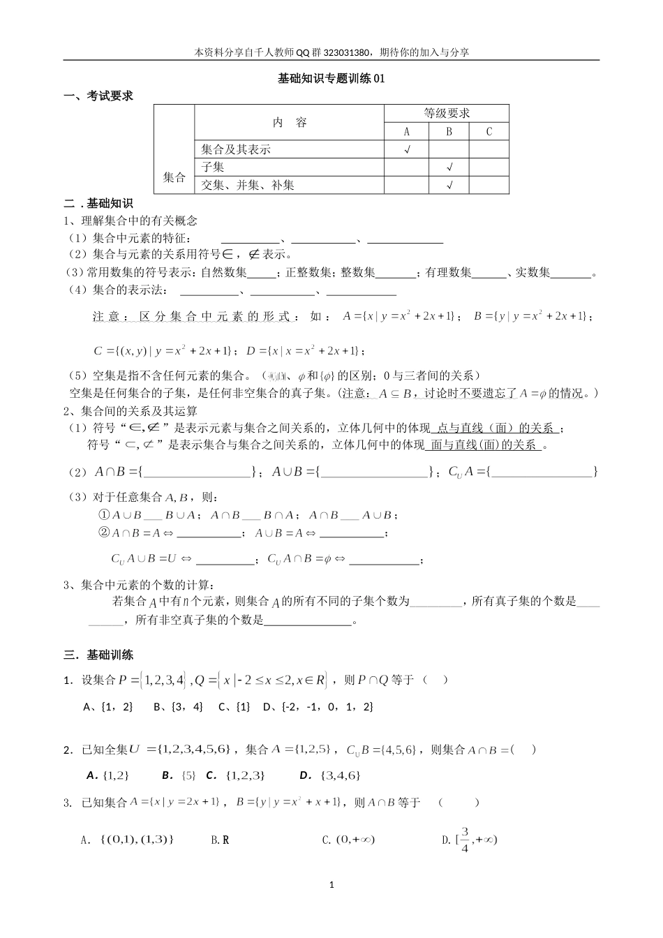 艺术班高考数学基础知识专题训练(24套)_第1页