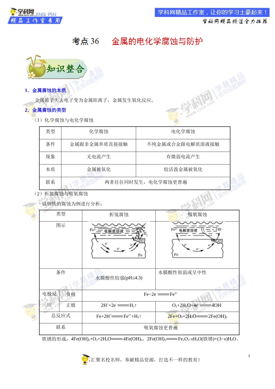 专题36 金属的电化学腐蚀与防护-高考全攻略之备战2018年高考化学考点一遍过_第1页