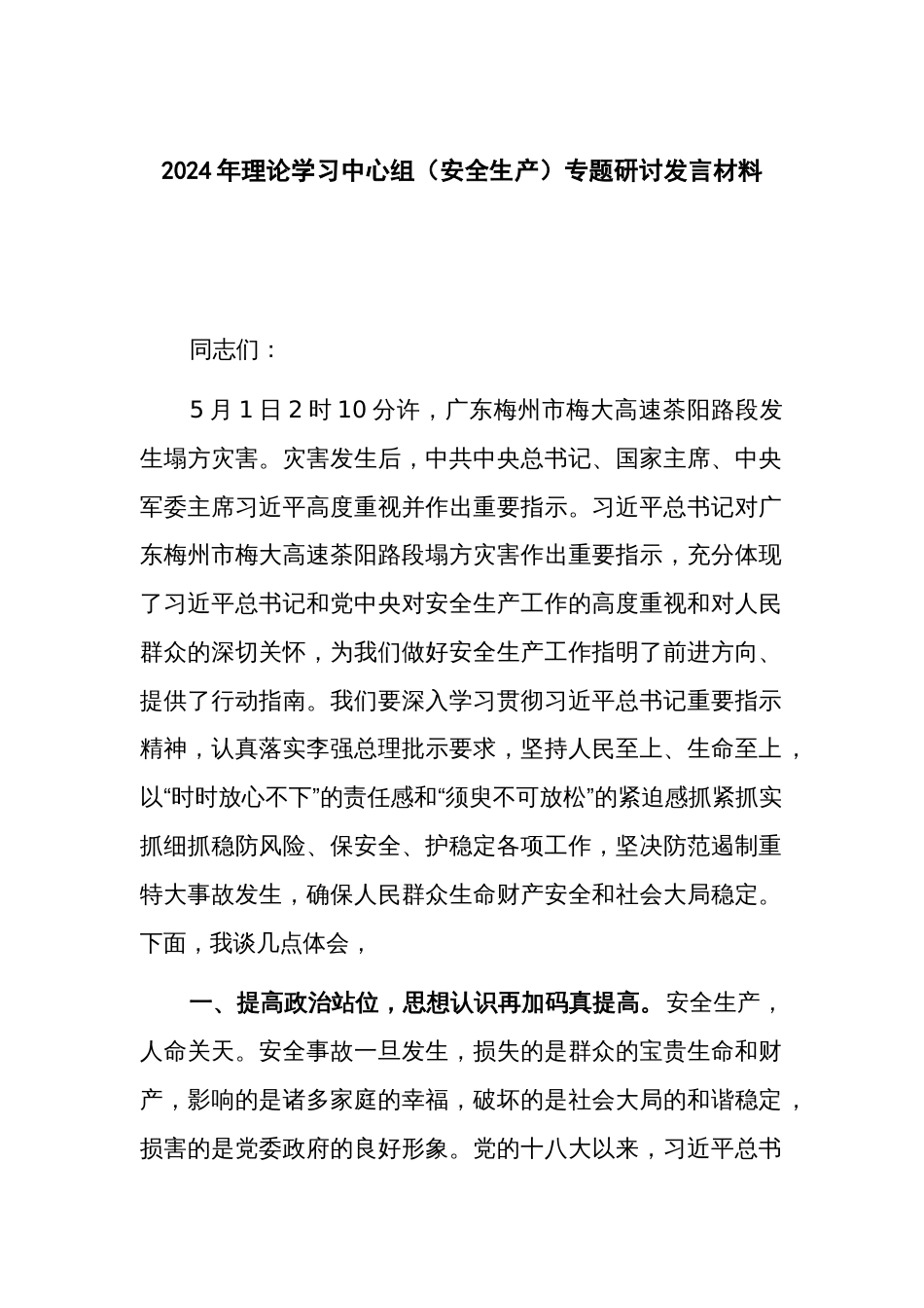2024年理论学习中心组（安全生产）专题研讨发言材料_第1页
