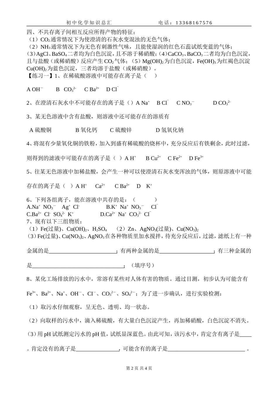 初三化学专题：离子共存_第2页