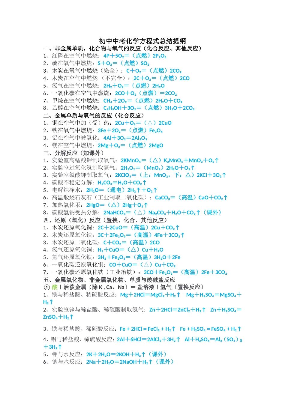 初中中考化学方程式总结提纲_第1页