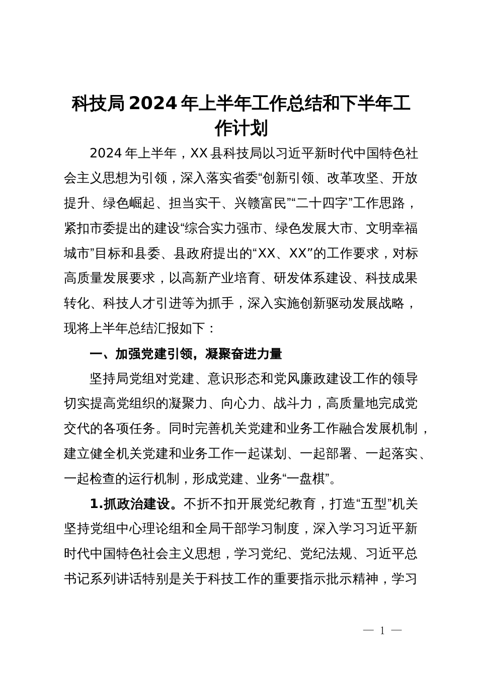 科技局2024年上半年工作总结和下半年工作计划_第1页