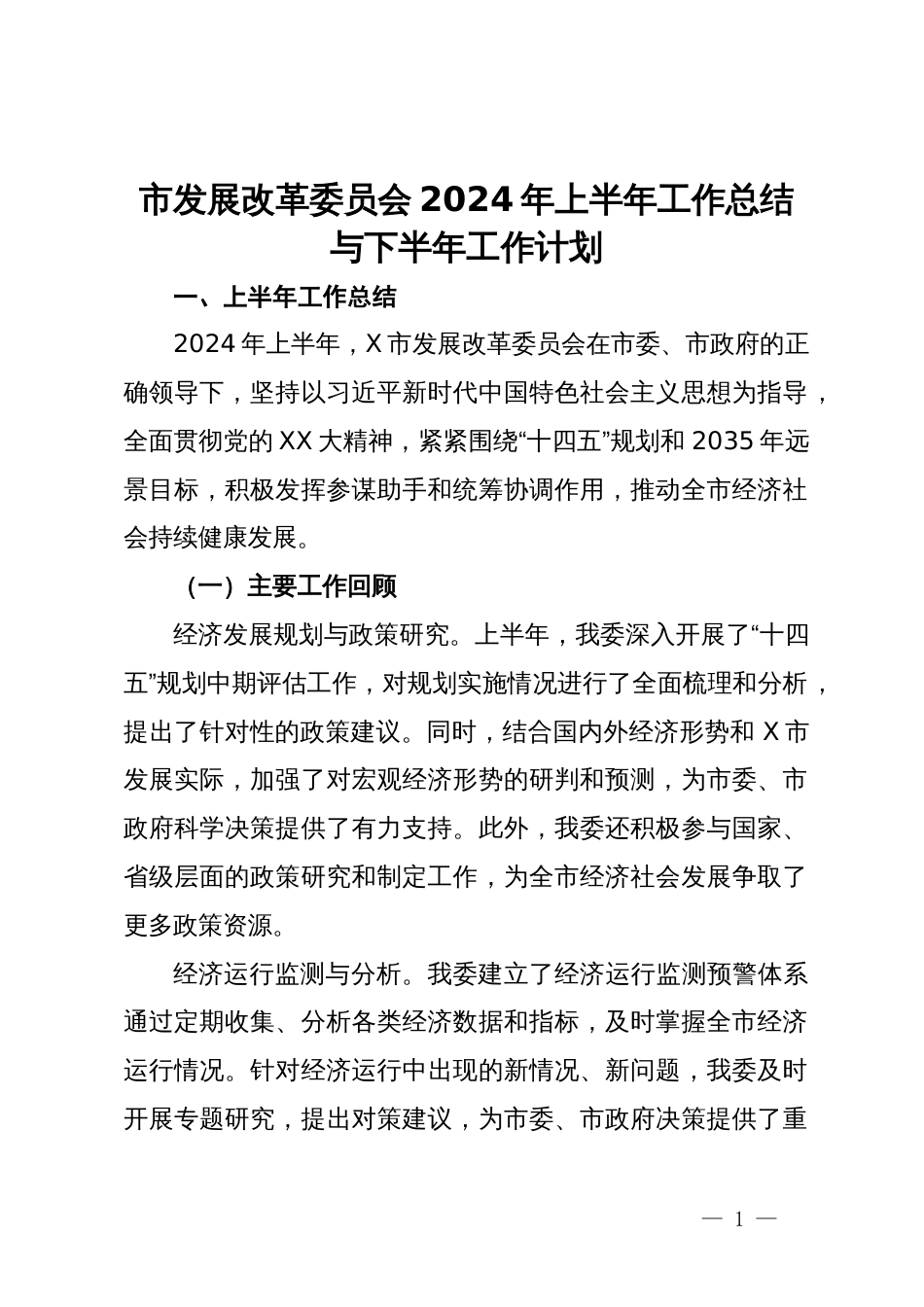 市发展改革委员会2024年上半年工作总结与下半年工作计划_第1页