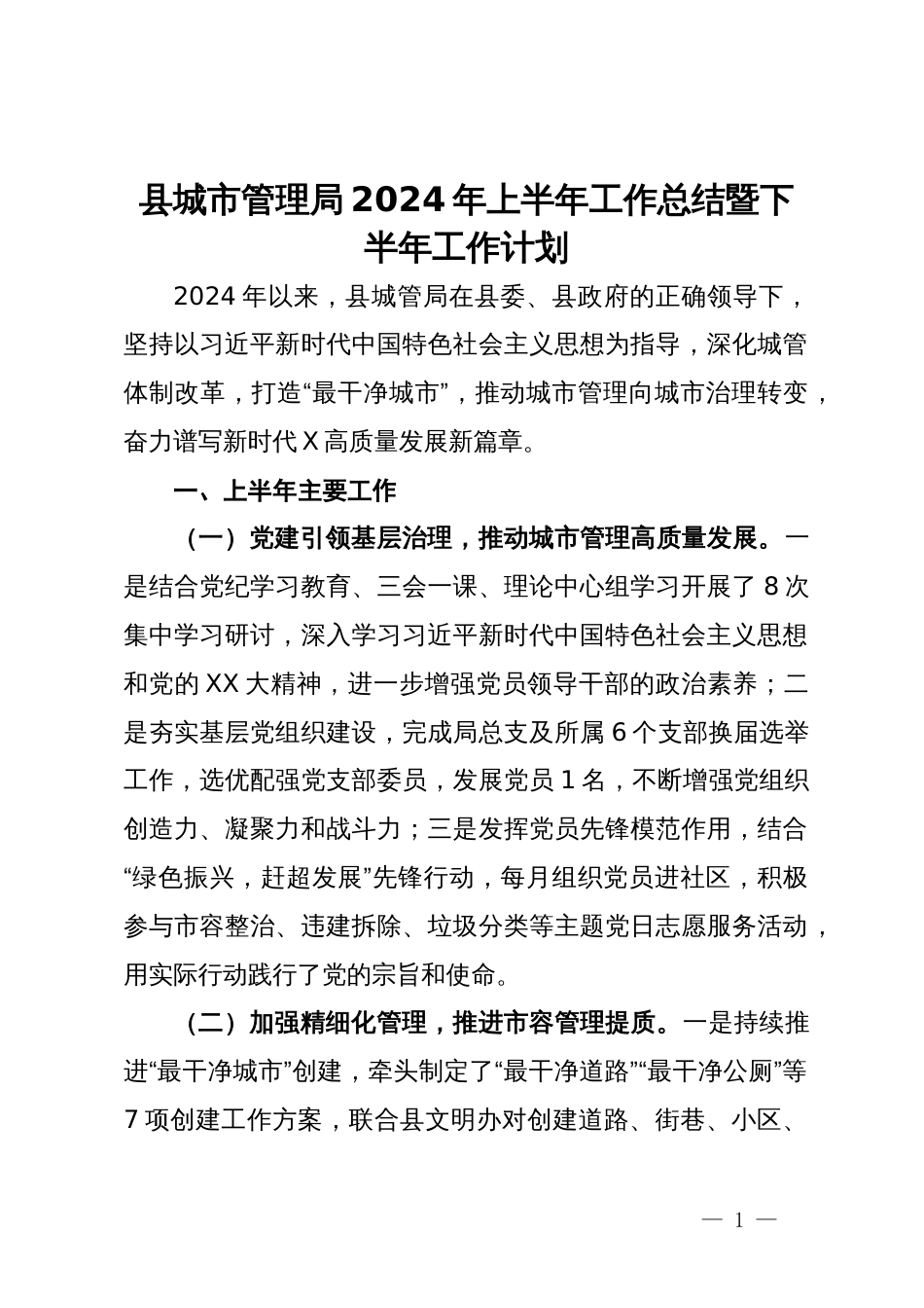 县城市管理局2024年上半年工作总结暨下半年工作计划_第1页