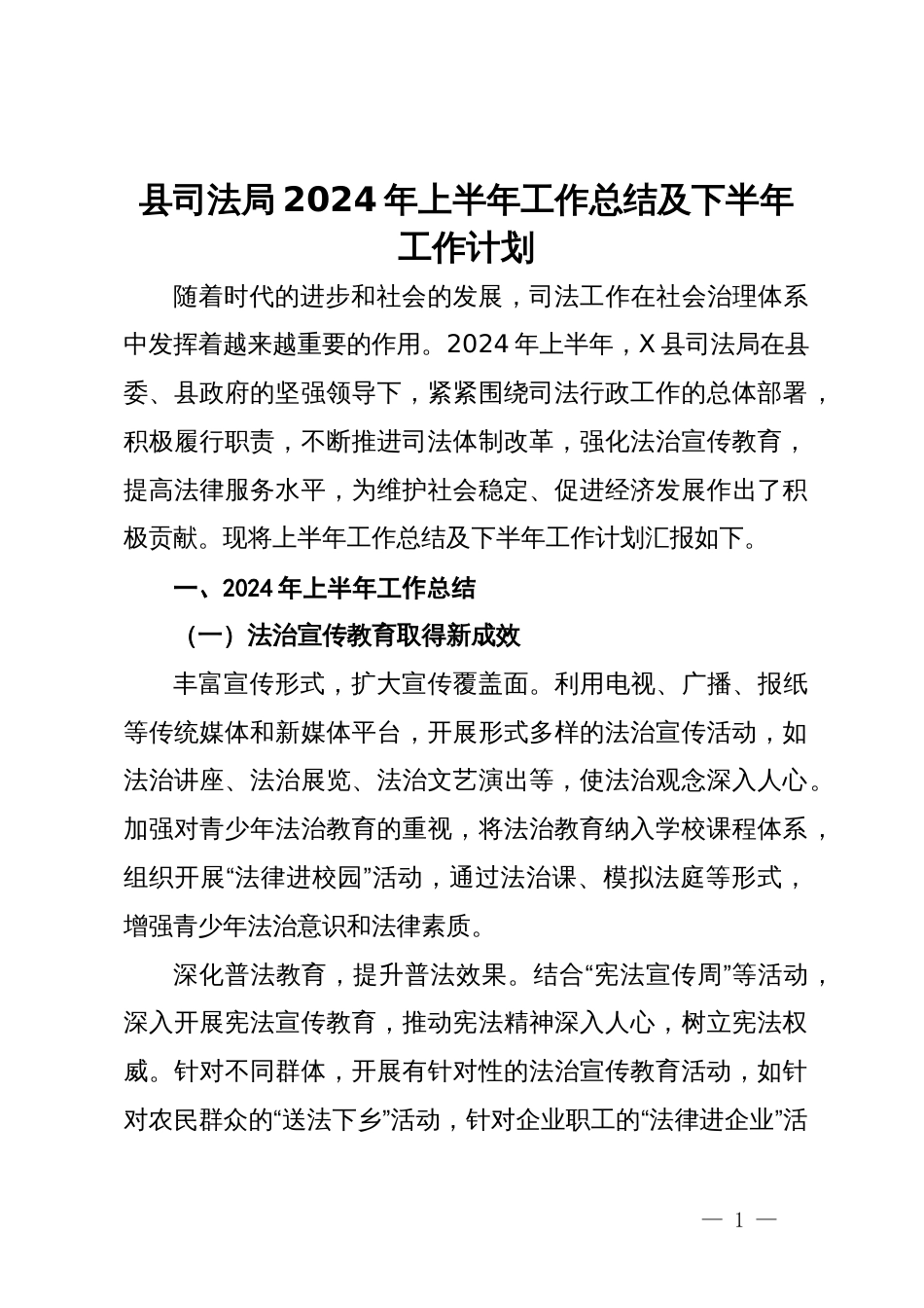 县司法局2024年上半年工作总结及下半年工作计划_第1页