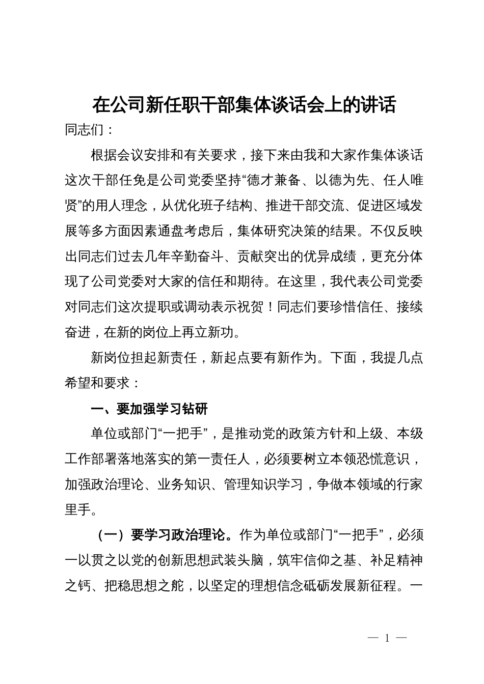 在公司新任职干部集体谈话会上的讲话_第1页