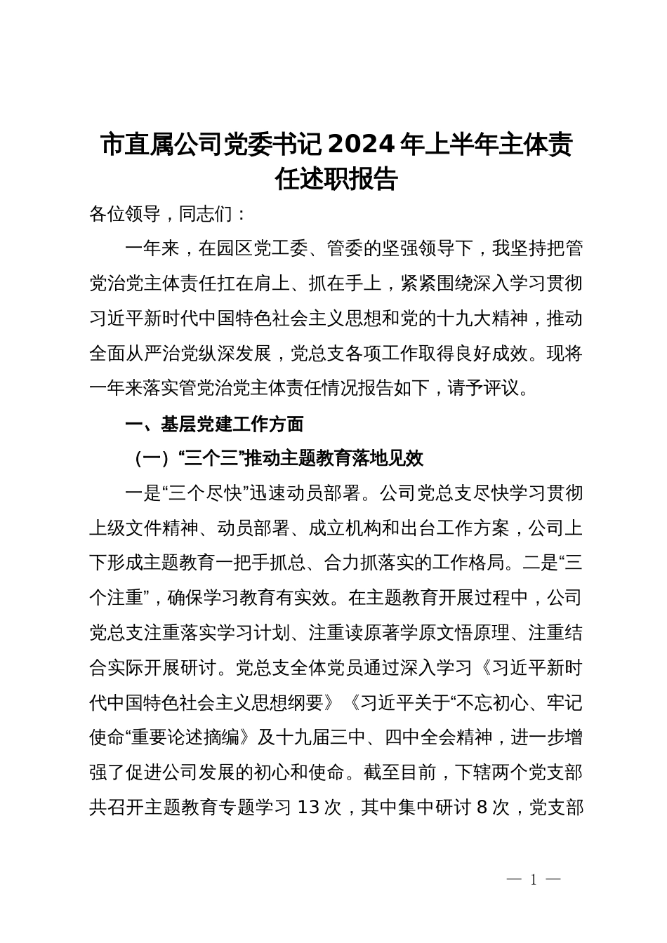 市直属公司党委书记2024年上半年主体责任述职报告_第1页