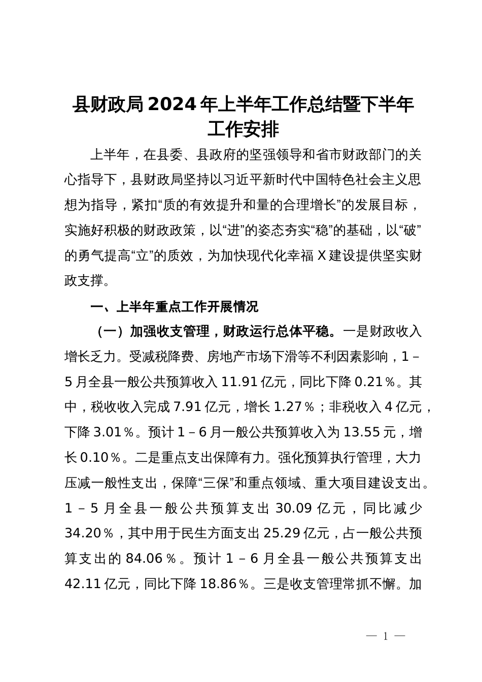 县财政局2024年上半年工作总结暨下半年工作安排_第1页