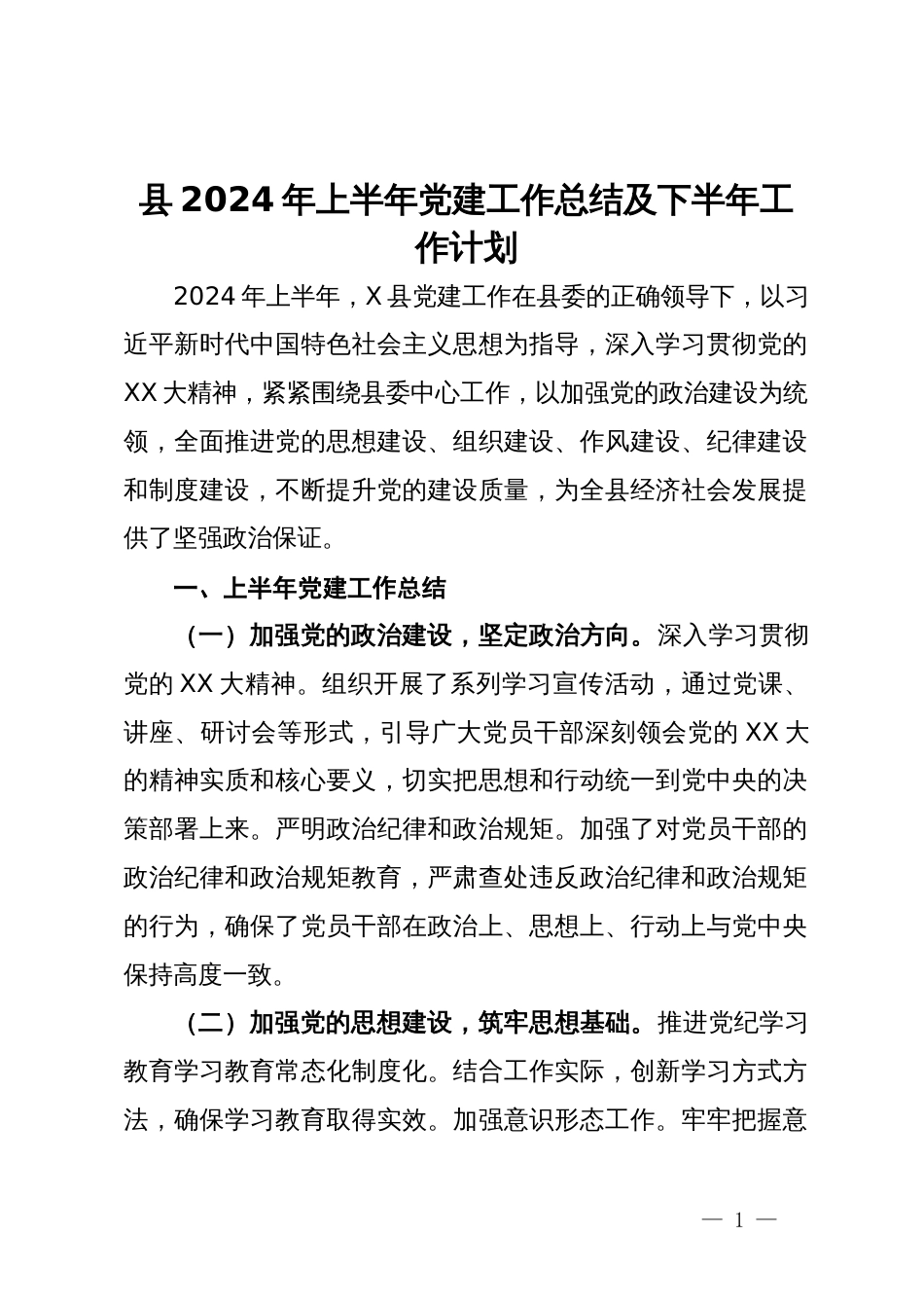 县2024年上半年党建工作总结及下半年工作计划_第1页