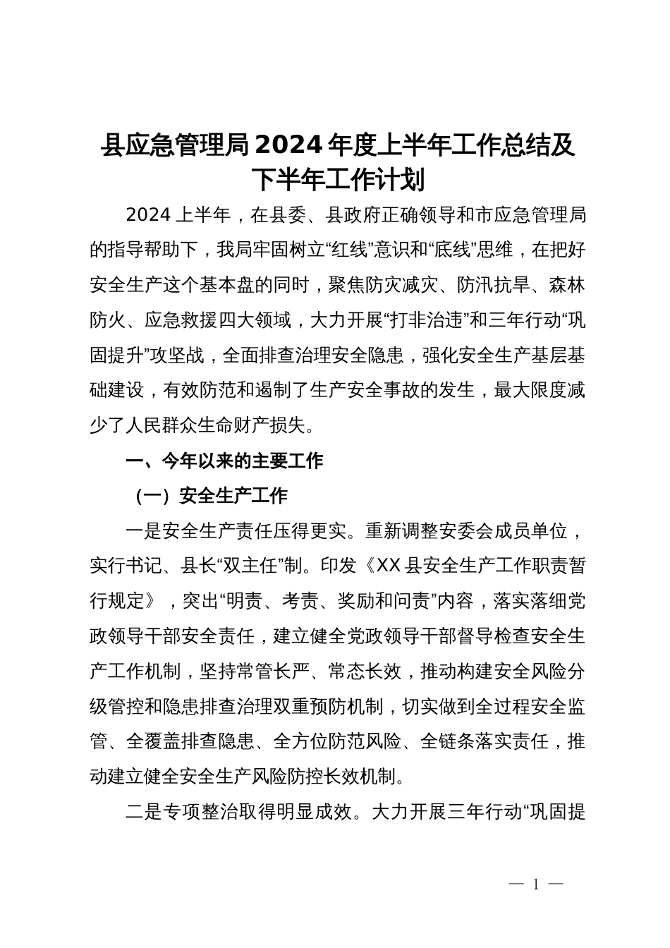 县应急管理局2024年度上半年工作总结及下半年工作计划_第1页