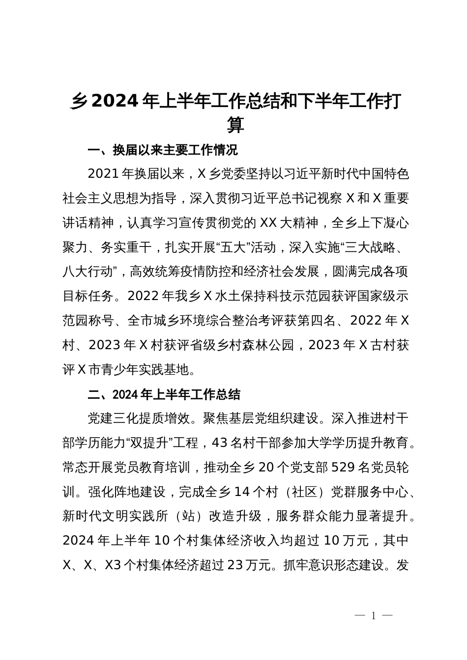 乡2024年上半年工作总结和下半年工作打算_第1页